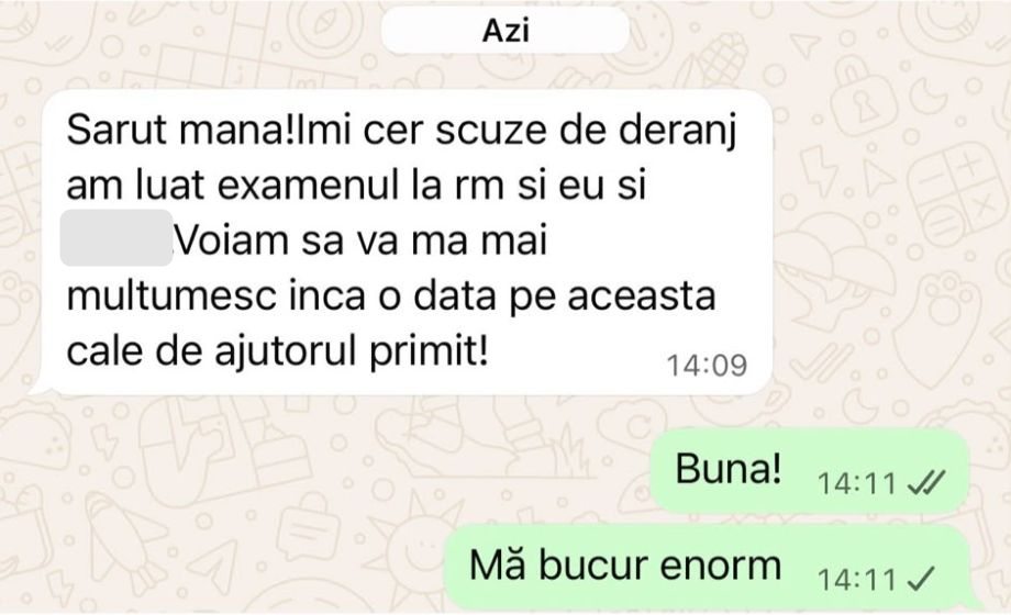 Mesaj de la un student: „Am luat examenul la RM. Voiam să vă mulțumesc încă o dată pe această cale pentru ajutorul primit!”