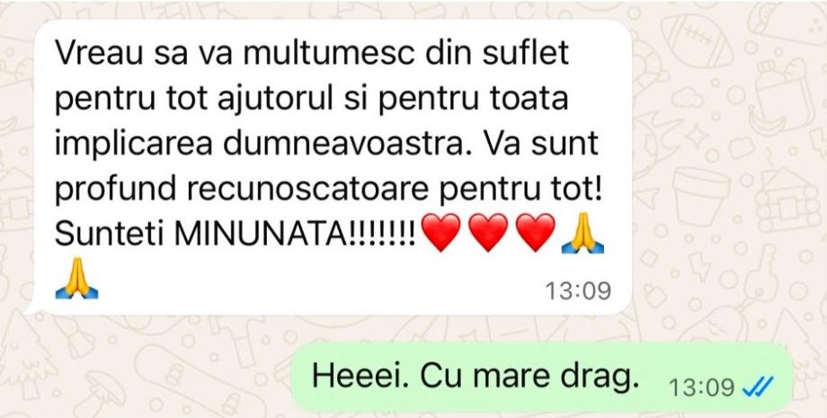 Mesaj de la o studentă: „Vreau să vă mulțumesc din suflet pentru tot ajutorul și pentru toată implicarea dumneavoastră. Sunteți minunată!”