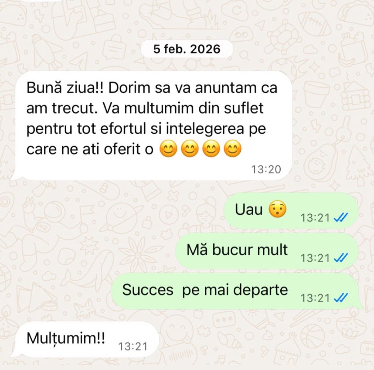 Mesaj de la studenți: „Dorim să vă anunțăm că am trecut. Vă mulțumim din suflet pentru tot efortul și înțelegerea pe care ne-ați oferit-o.”