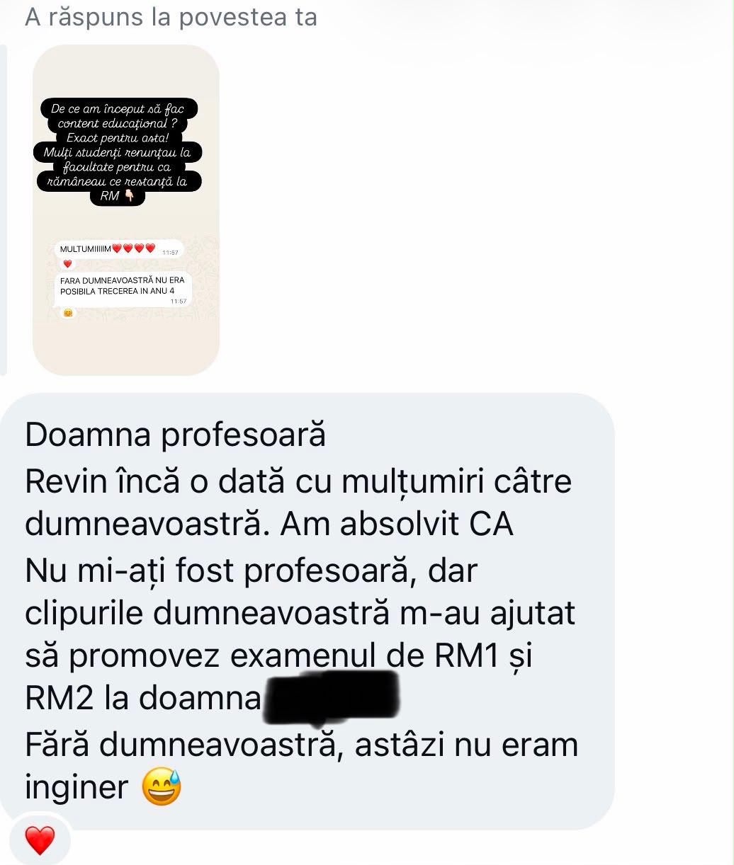 Mesaj de la un absolvent: „Nu mi-ați fost profesoară, dar clipurile dumneavoastră m-au ajutat să promovez examenul de RM1 și RM2. Fără dumneavoastră, astăzi nu eram inginer.”